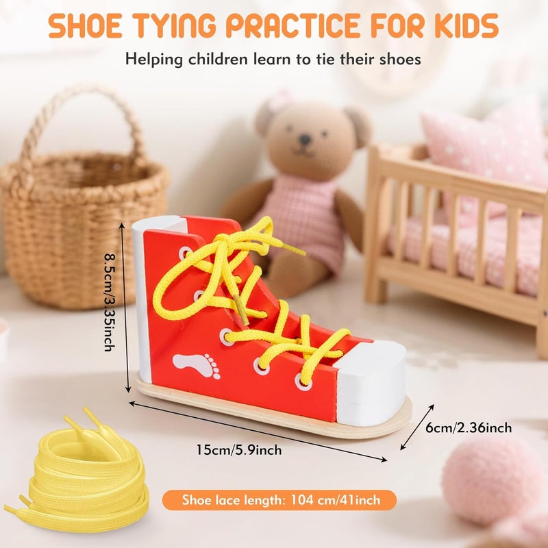 FLATRI Shoe Tying Practice for Kids, Red Shoe Tie Practice for Kids Threading Lacing Shoes Training, Wooden Learn to Tie Shoes Basic-Life-Skills - Image 2